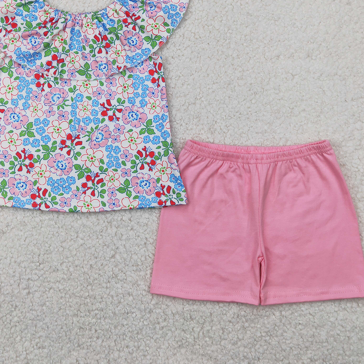 4.11 GSSO2277RTS NO MOQ Baby Girls Summer Outfits Floral ruffle top pink cotton shorts girls summer outfits