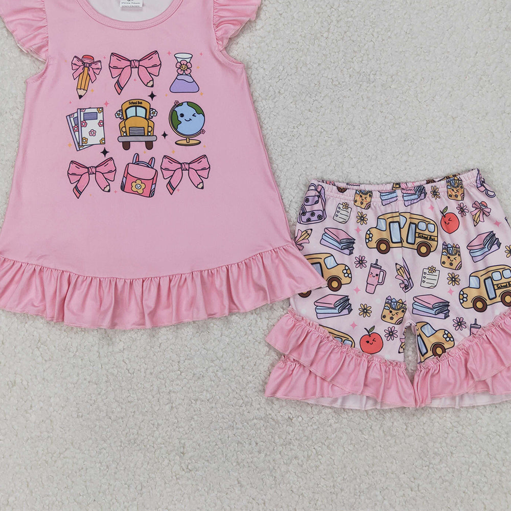 4.12 GSSO1910 RTS NO MOQ Baby Girls Summer Outfits Flutter sleeves pencil bow kids girls back to school outfits