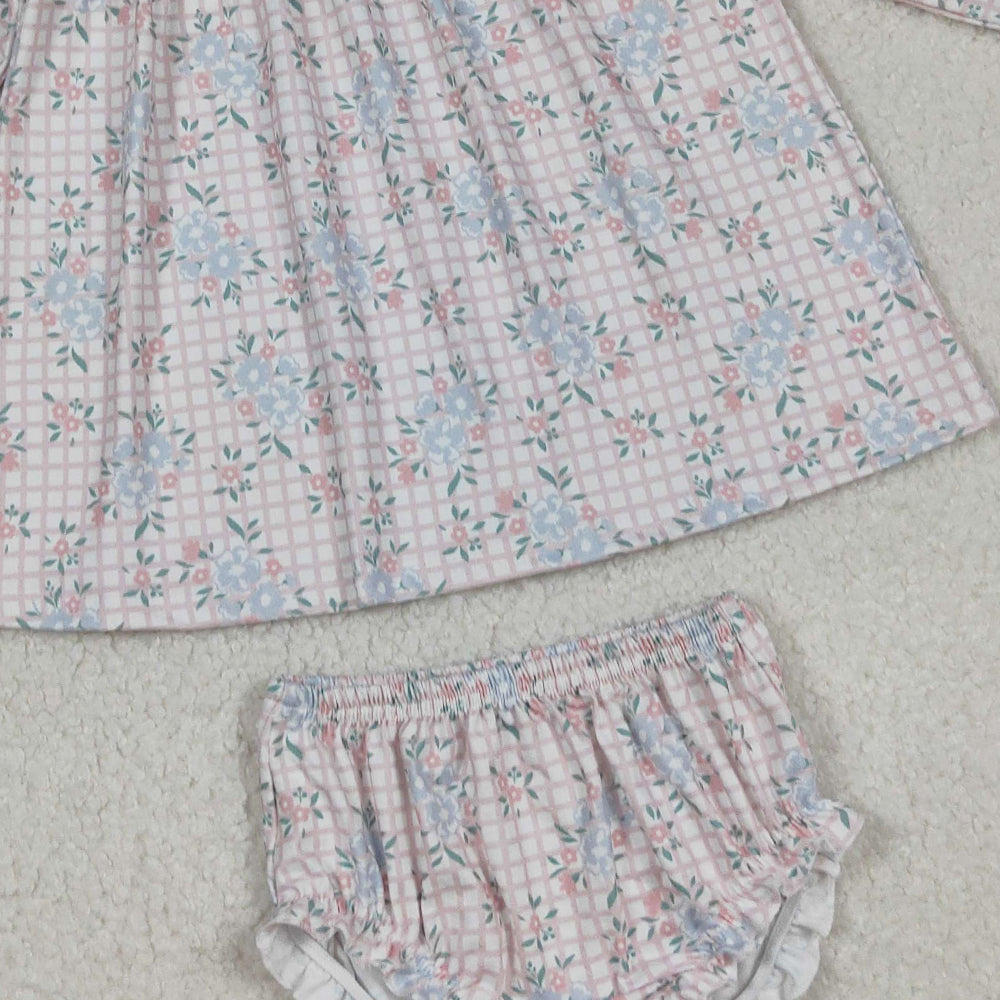 RTS NO MOQ (In stock)GBO0466 Baby Girls Summer Outfits Long Sleeve Bummies Set Pink Plaid Floral Doll Collar Outfit for Kids