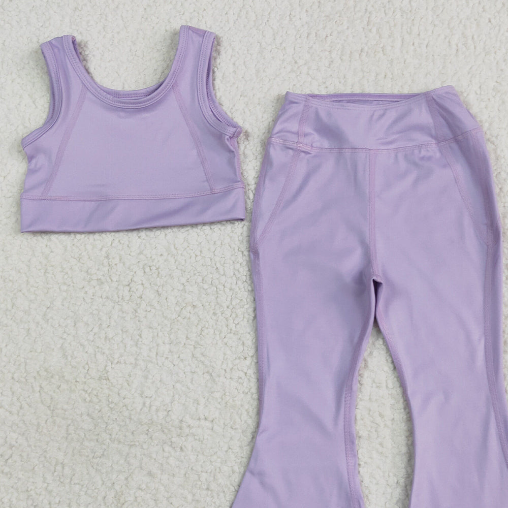 4.15 GSPO2006RTS NO MOQ Baby Girls Summer Yoga Outfits Lavender crop top floral pants kids girls yoga set
