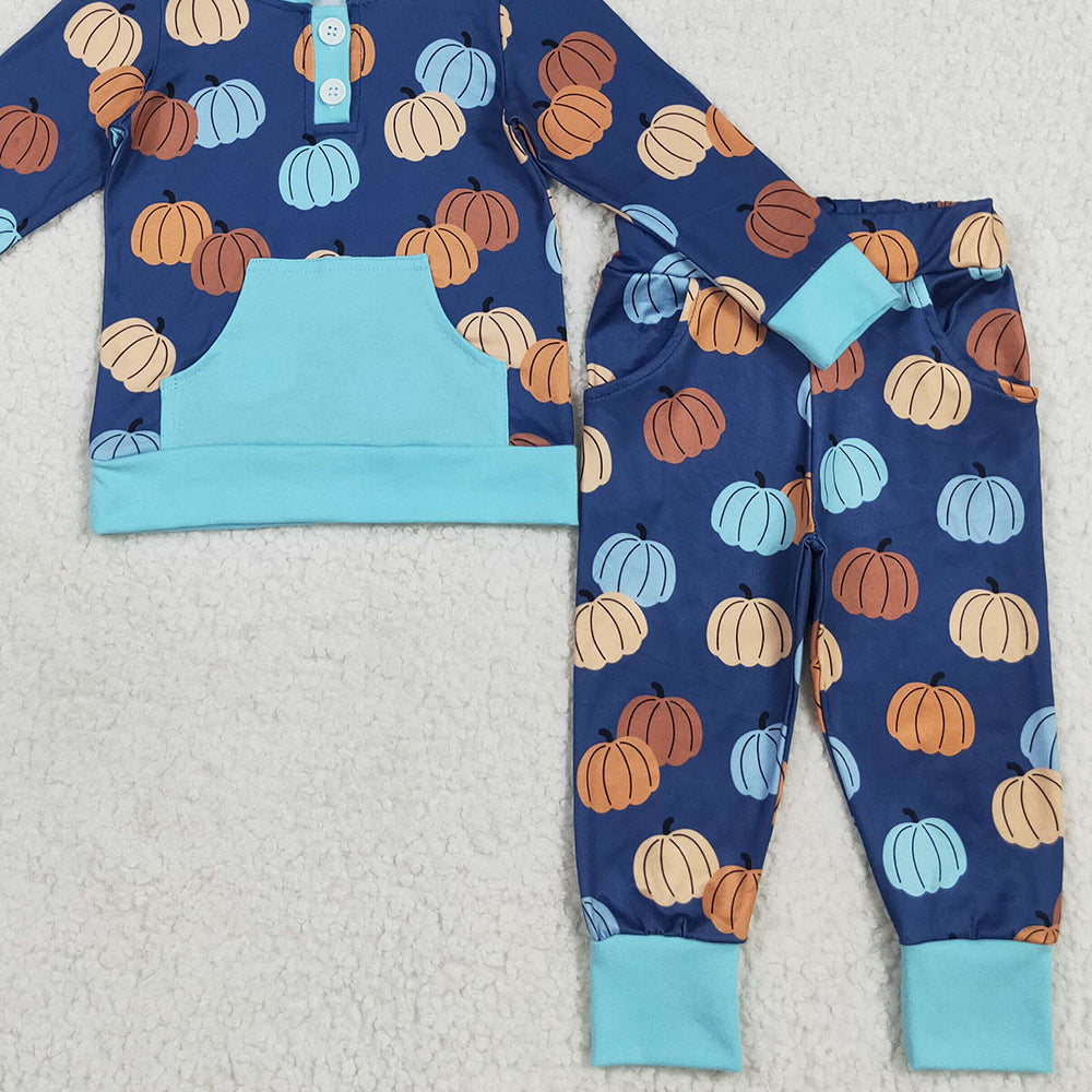 RTS NO MOQ (In stock)BLP1154 Baby Boys Winter Outfits Baby Boys Colorful Pumpkins Pocket Button Hoodies Legging Pants Sets