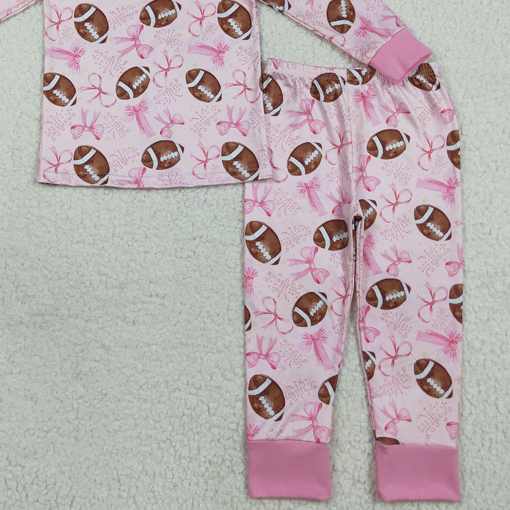 RTS NO MOQ (In stock)GLP1700 Baby Girls Winter Outfits Baby Girls Pink Football Bows Shirt Pants Pajamas Clothes Sets