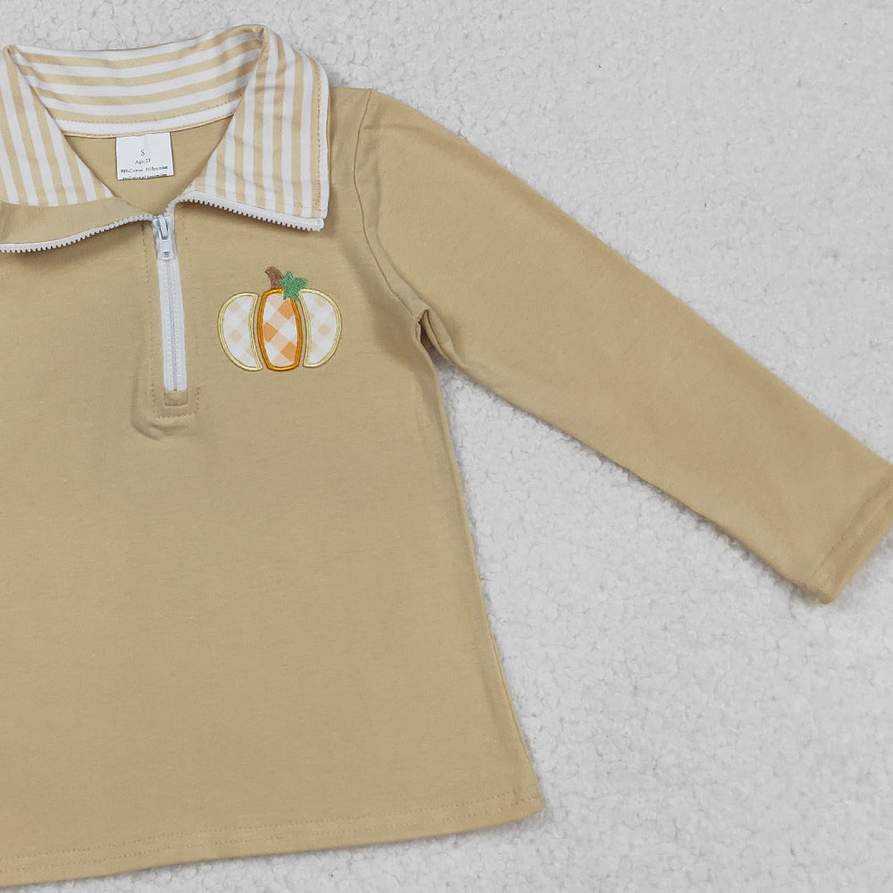 RTS NO MOQ (In stock)BT1293 Baby Boys Long Sleeve Tops Baby Boys Khaki Zipper Pullover Top with Embroidery Pumpkins Design Cute And Cozy Baby Clothing