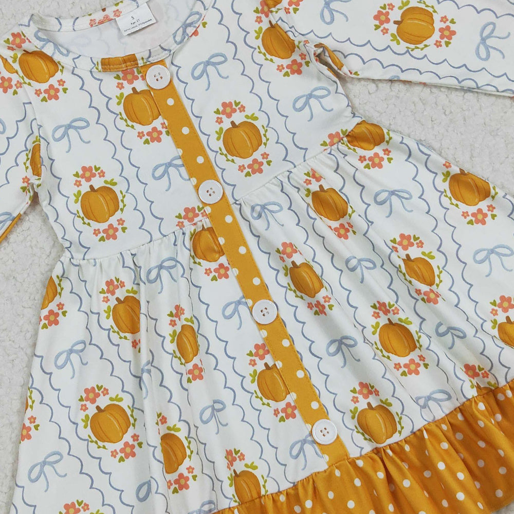 RTS NO MOQ (In stock)GLD1111 Baby Girls Winter Dress Baby Girls Long Sleeves Pumpkins Bows Plaid Button Ruffle Knee Length Dresses