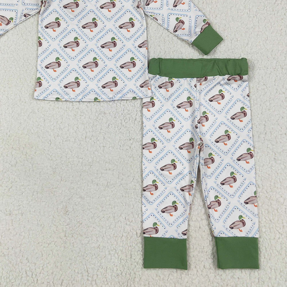 BLP1086RTS NO MOQ Baby Boys Winter Outfits Baby Boys Long Sleeves Green Ducks Plaid Top Pant Pajamas Set