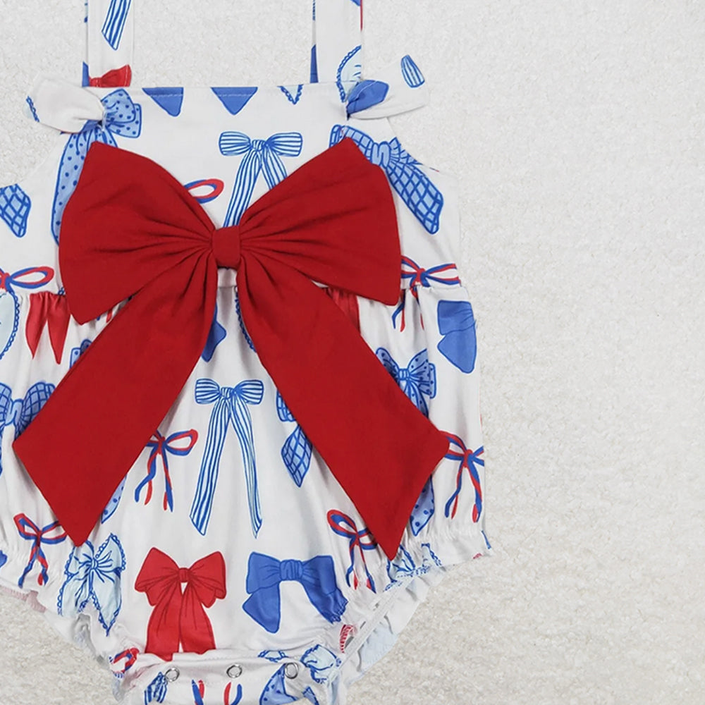 4.08 SR2606 RTS NO MOQ Baby Girls Summer Romper Baby Girls Strap Red Blue Bows 4th Of July Romper
