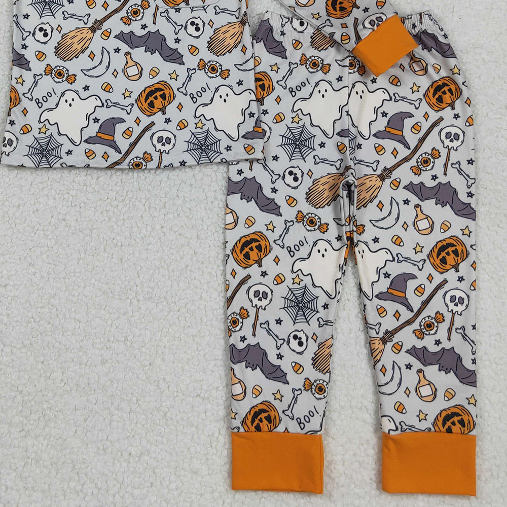 RTS NO MOQ (In stock)BLP1147 Baby Boys Winter Outfits Baby Boys Ghost Pumpkins Bats Top Pant Halloween Pajamas Set
