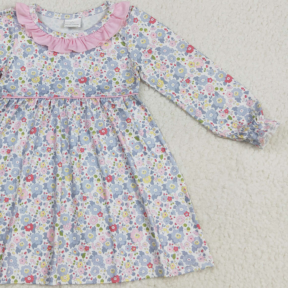 RTS NO MOQ (In stock)GLD1120 Baby Girls Winter Dress Baby Girls Fall Pink Blue Floral Flowers Knee Length Dresses