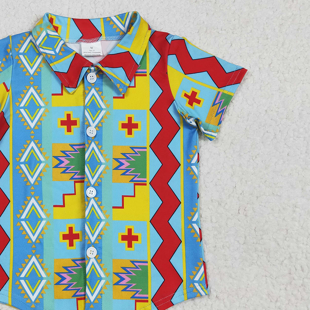 6.18 BT1225 RTS NO MOQ Baby Boys Short Sleeves Colorful Aztec Print Button Shirts Top