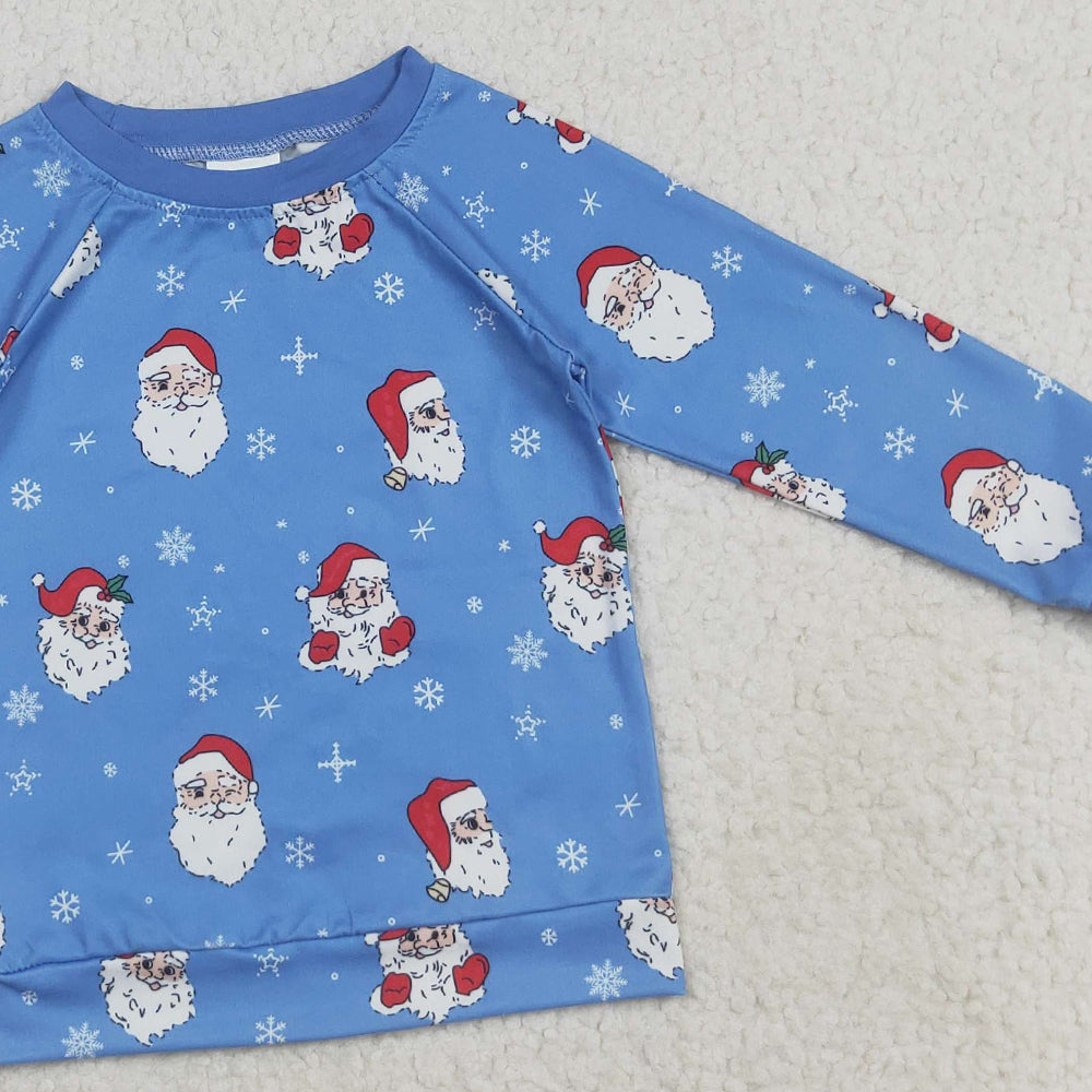 RTS NO MOQ (In stock)BT1289 Baby Boys Long Sleeve Tops Baby Boys Blue Santa Snowflake Christmas Shirts Top