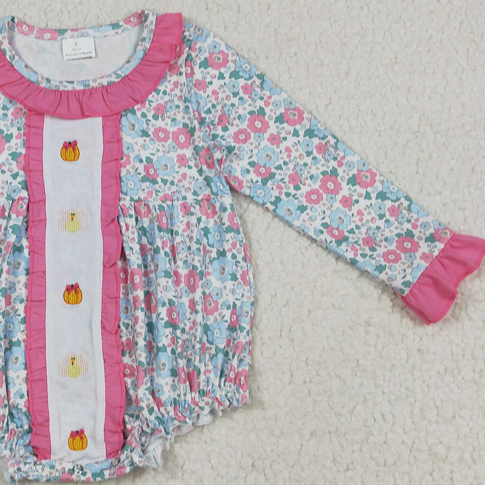 7.10 LR2219 RTS NO MOQ Baby Girls Winter Rompers Embroidery Baby Girls Long Sleeves Turkey Pumpkins Floral Ruffle Rompers