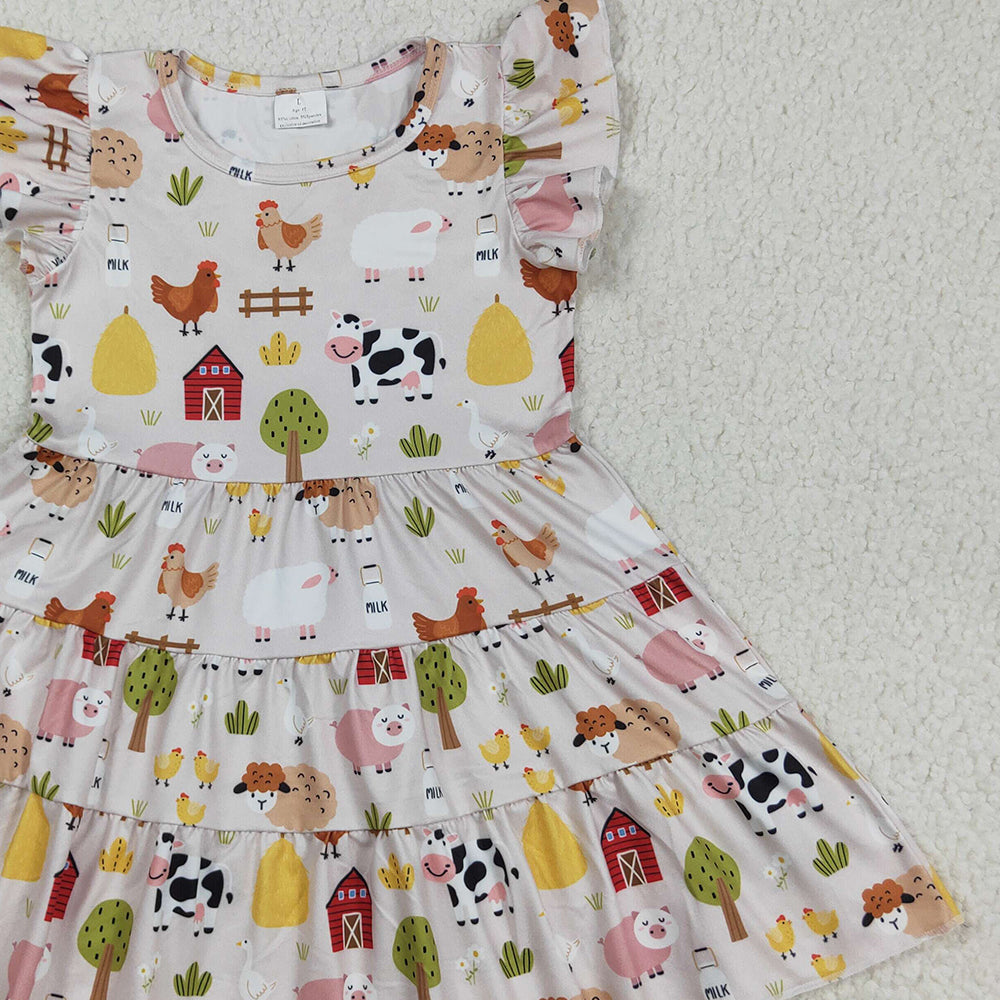 8.20 RTS NO MOQ (In stock)GSD2595 Baby Girls Summer Dress Baby Girls Flutter Sleeves Cows Chicks Farm Knee Length Dresses