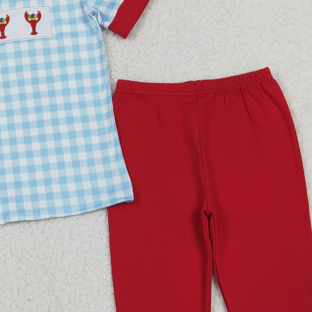 11.6 RTS NO MOQ (In stock)BSPO0602 Embroidery Anchors Crayfishes Baby Boys Checked Leggings Mardigras Clothes Sets