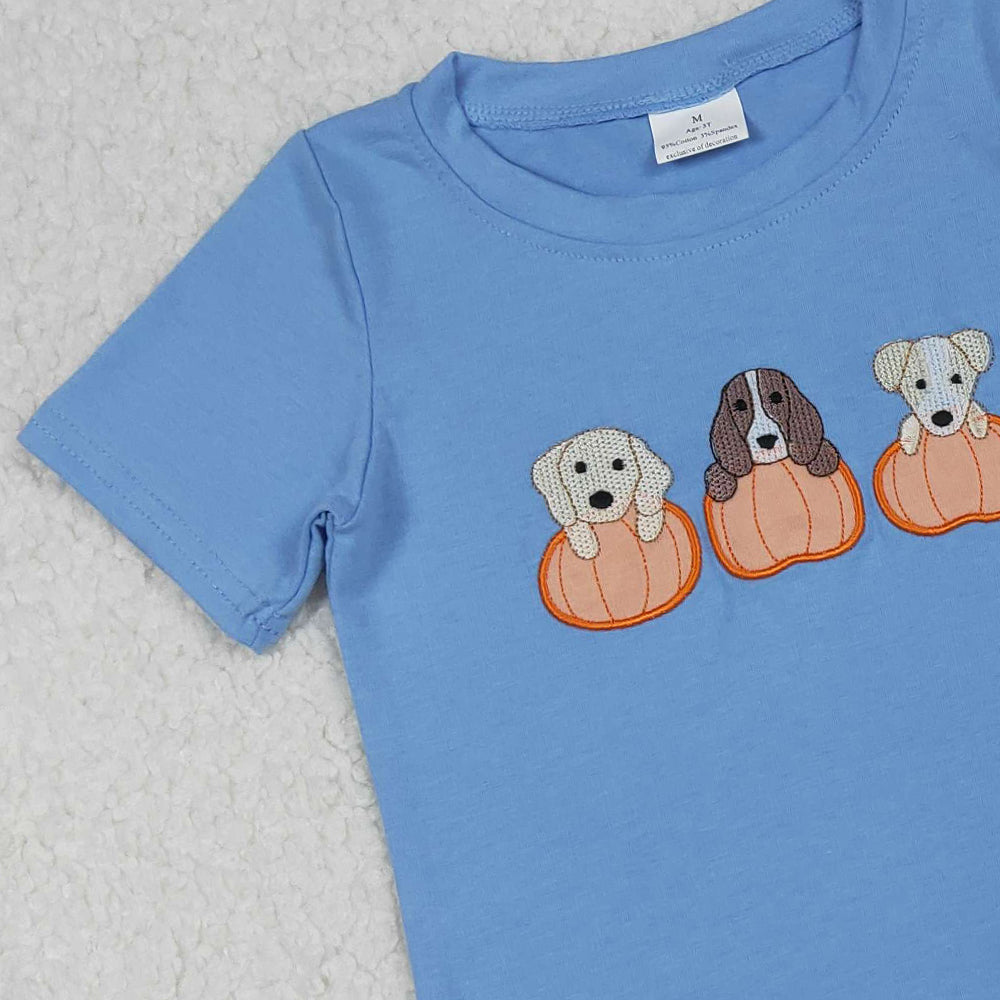 RTS NO MOQ (In stock)BSSO1547 Baby Boys Summer Boys Outfits Embroidery Dogs Pumpkins Top Shorts Fall Clothes Sets
