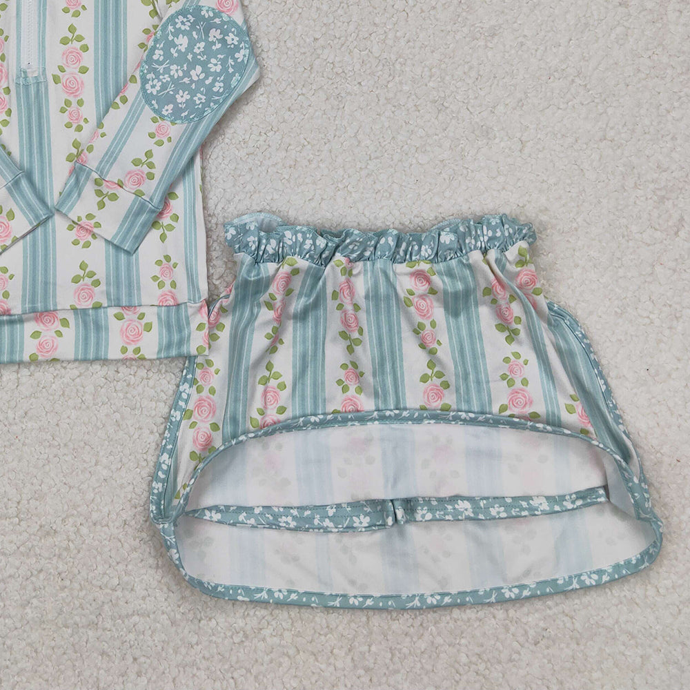 GLD1001 RTS NO MOQ Baby Girls Yoga Outfits Baby Girls Aqua Long Sleeves Floral Stripe Zipper Pullover Skirts With Short Set