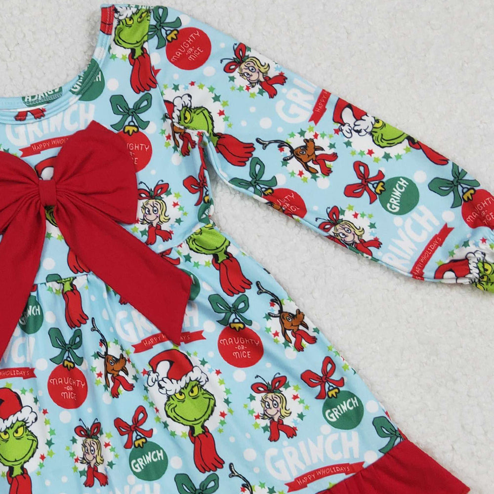 RTS NO MOQ (In stock)GLD1269 Baby Girls Winter Dress Christmas Green Face Bows Holly Big Bow Knee Length Dresses