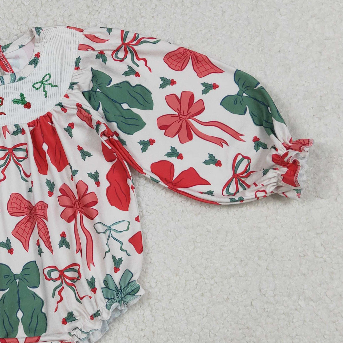 10.27 RTS NO MOQ (In stock)LR2217 Baby Girls Winter Rompers Smocked Baby Girls Bows Holly Bows Plaid Christmas Ruffle Rompers