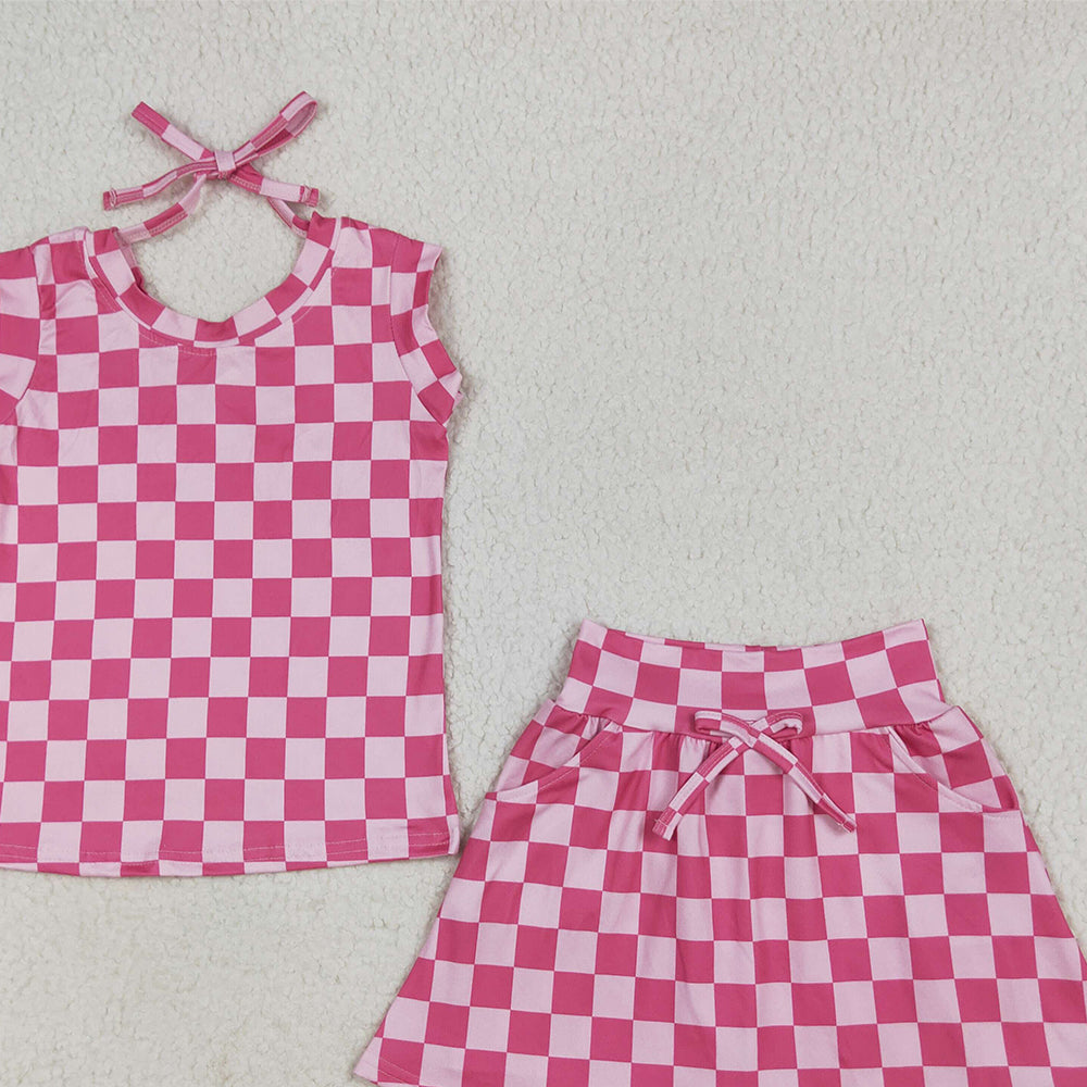 8.13 GSD2584 RTS NO MOQ Baby Girls Summer Outfits Baby Girls Sleeveless Pink Plaid Top Pockets Short Skirts Set