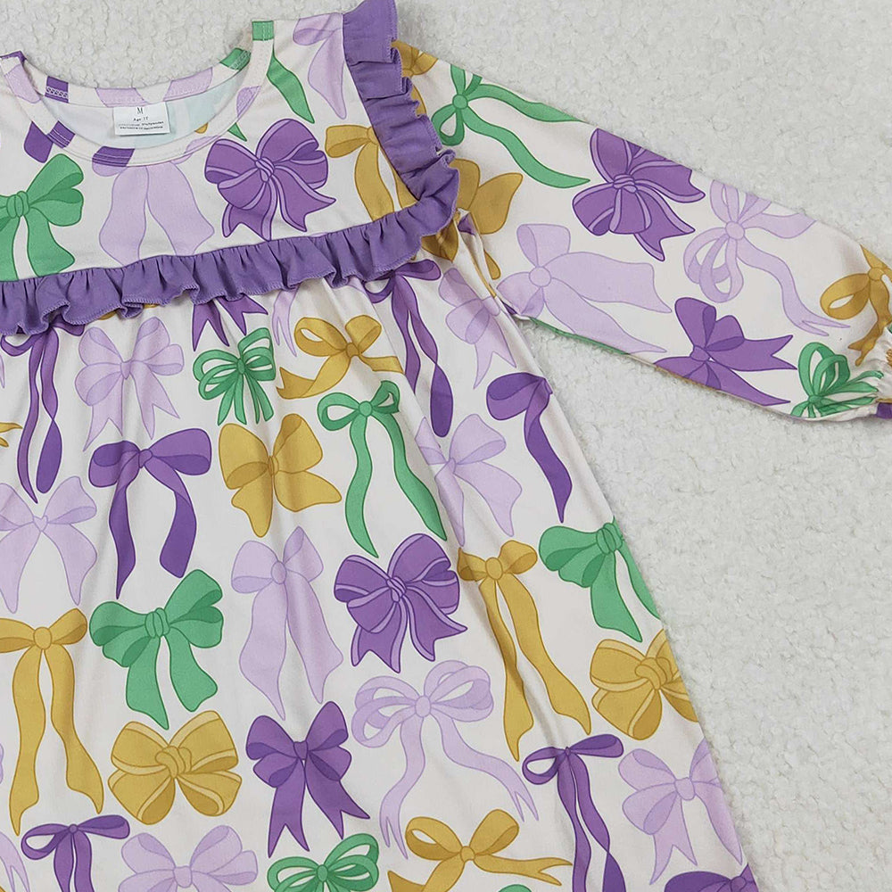 9.30 RTS NO MOQ (In stock)GLD1295 Baby Girls Winter Dress Baby Girls Mardigras Bows Ruffle Sleeve Knee Length Dresses