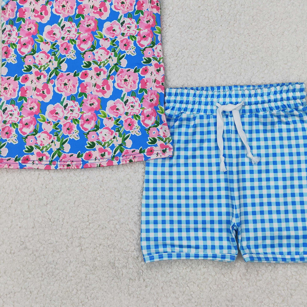 4.07 GSSO2414 RTS NO MOQ Baby Girls Summer Outfits Sleeveless floral top blue plaid shorts girls summer clothes