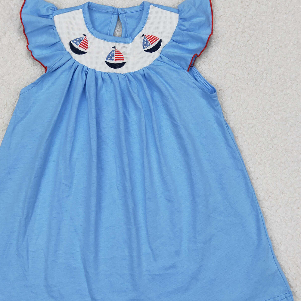 4.30 GSD1818 RTS NO MOQ Light blue boat smocked girls 4th of july dresses