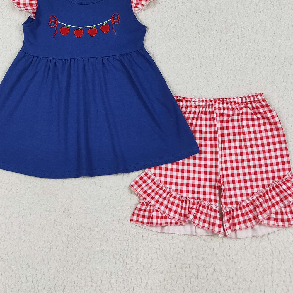 GSSO2314 RTS NO MOQ Baby Girls Summer Outfits Embroidery Baby Girls Red Plaid Flutter Sleeves Apples Tunic Ruffle Short Set
