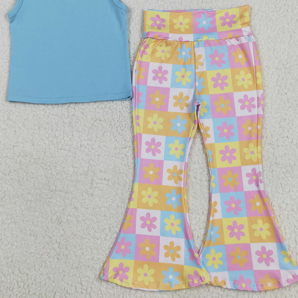7.02 GSPO2017 RTS NO MOQ Baby Girls Spring Outfits Baby Girls Blue Top Flowers Plaid Bell Bottom Pants Sets