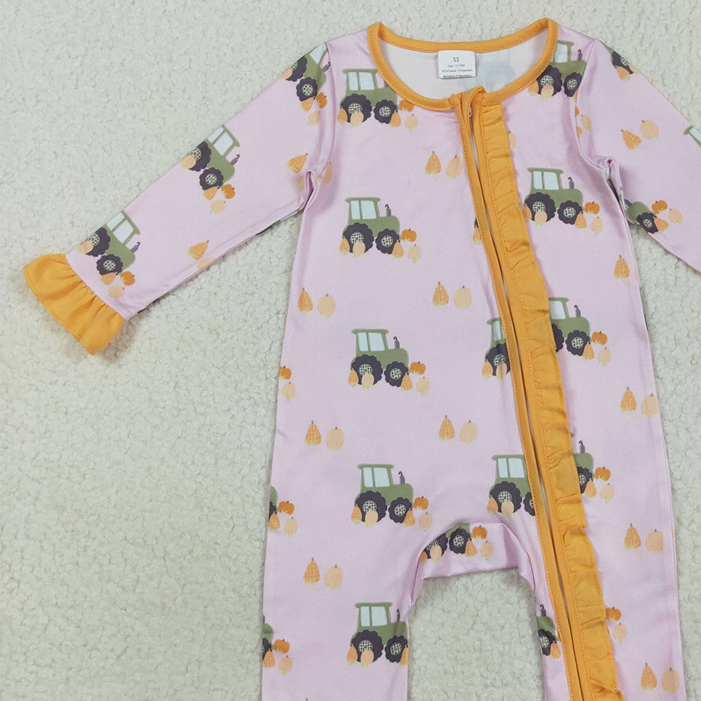 8.22 RTS NO MOQ (In stock)LR2336 Baby Girls Winter Rompers Baby Girls Pink Pumpkins Trucks Fall Ruffle Zipper Footie Rompers