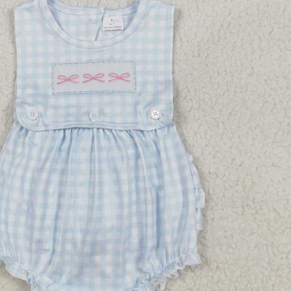 4.17 SR2203 RTS NO MOQ Sleeveless bow embroidery plaid ruffle baby girls romper
