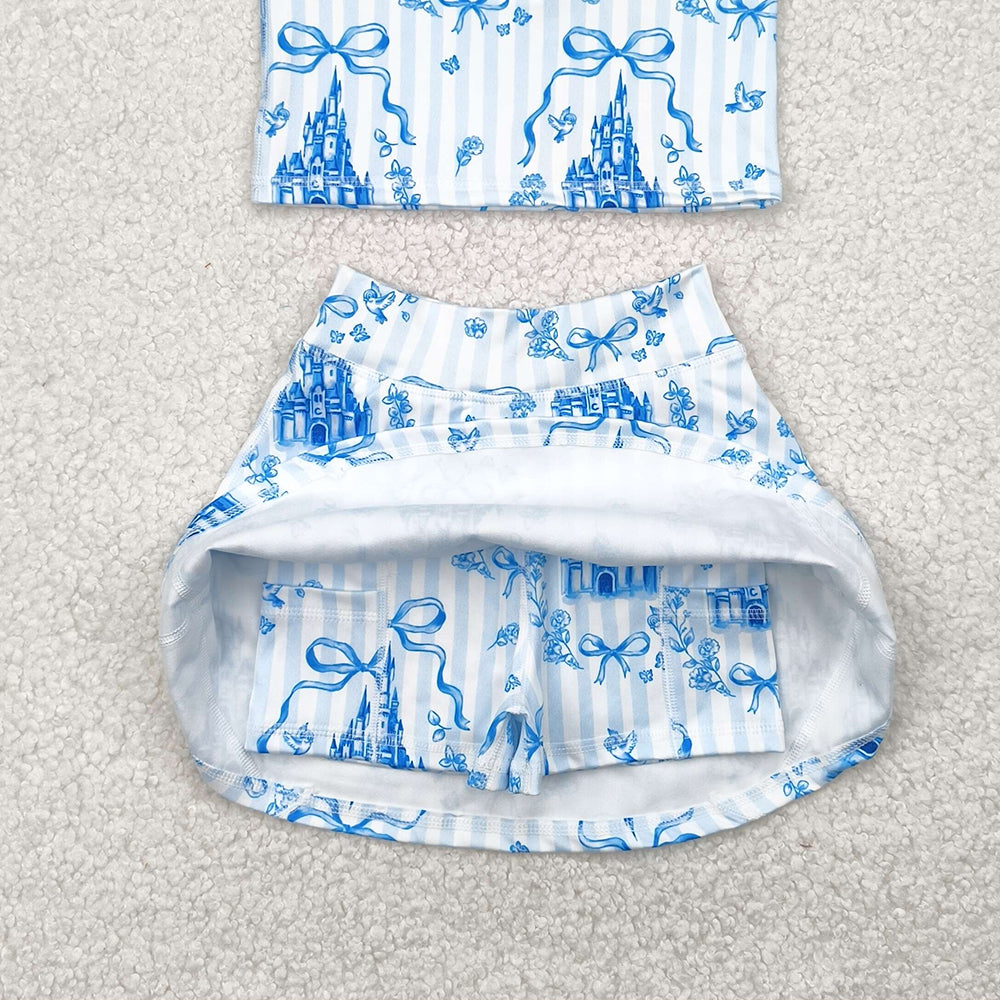 USA Shop (in stock)GSD2198 Baby Girls Yoga Outfits Sleeveless light blue bow castle top skirt girls active wear set