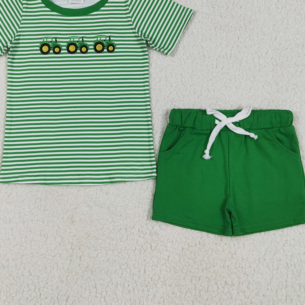 6.03 BSSO1374 RTS NO MOQ Baby Boys Summer Boys Outfits Embroidery Baby Boys Green Farm Trucks Tops Pockets Shorts Clothes Sets