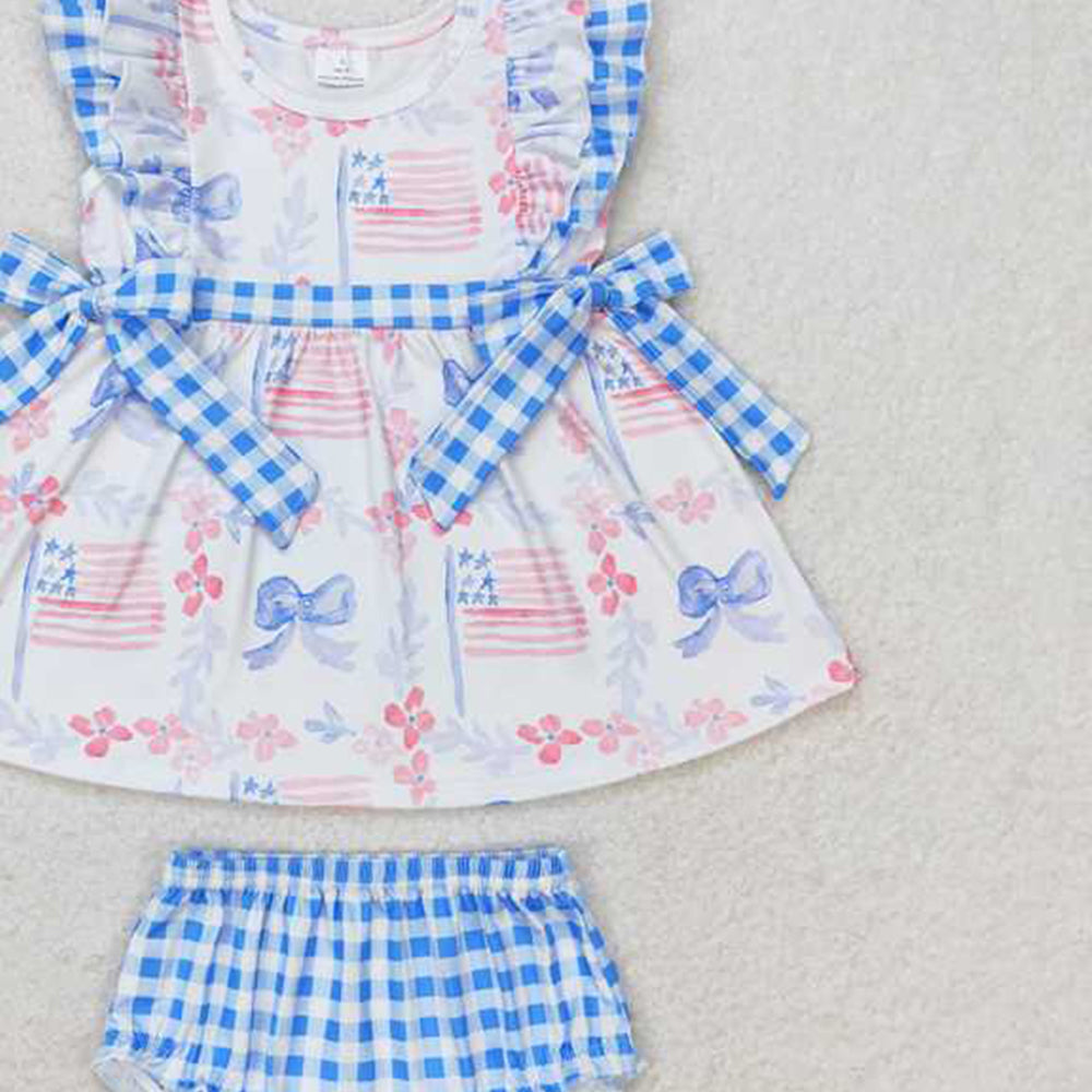 4.08 GBO0363 RTS NO MOQ Baby Girls Summer Outfits Baby Girls July 4th Flag Bow Bummie Set