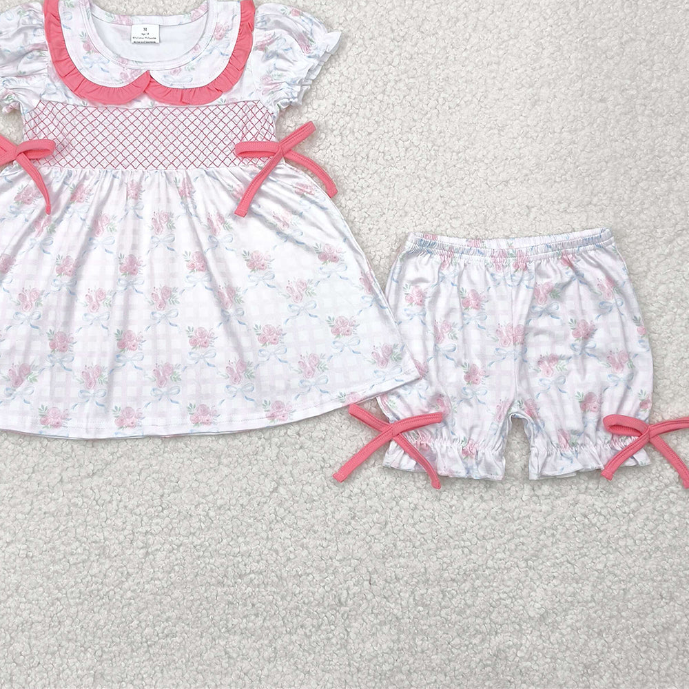 4.09 GSSO2368 RTS NO MOQ Baby Girls Summer Outfits Embroidery Short sleeves floral plaid bow tunic shorts girls clothes
