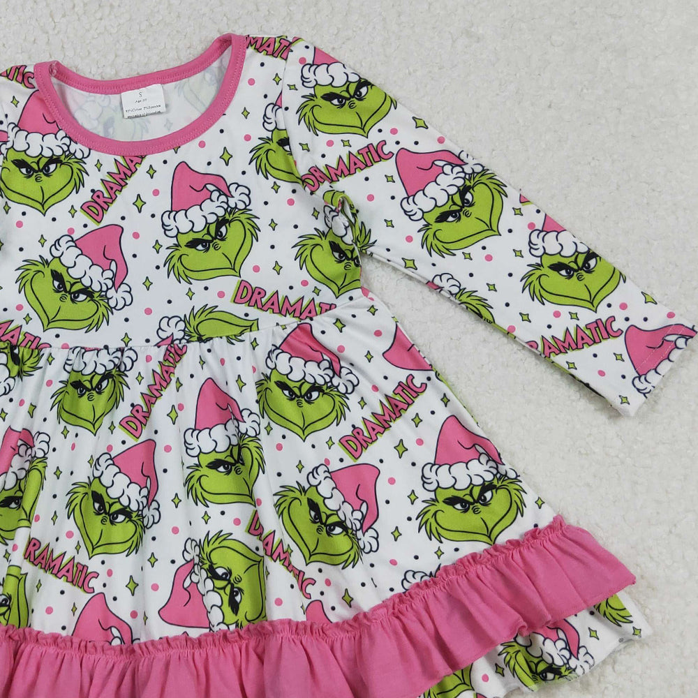 RTS NO MOQ (In stock)GLD1234 Baby Girls Winter Dress Girls Green-faced Long-Sleeve Dress with Pink Ruffle Christmas Hat Cute Children's Outfit