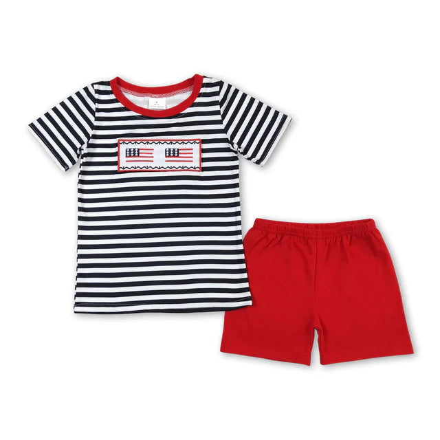 RTS Sibling Flad firework embroidery kids boy 4th of july outfits