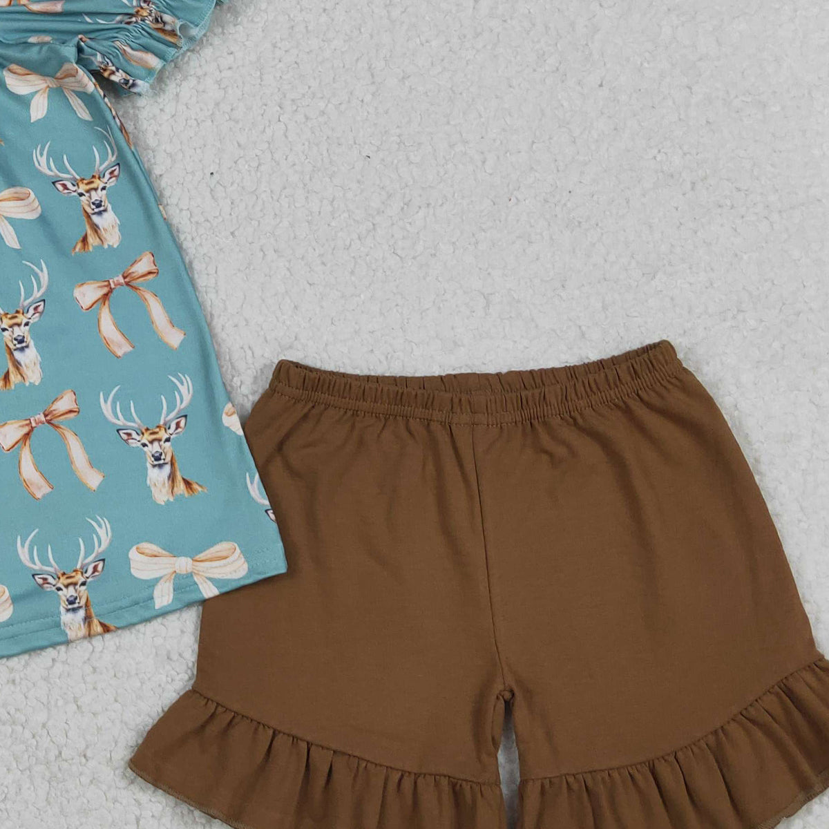 4.9 GSSO3212 RTS NO MOQ (In stock )Short sleeves deer bow tunic ruffle shorts girls outfits