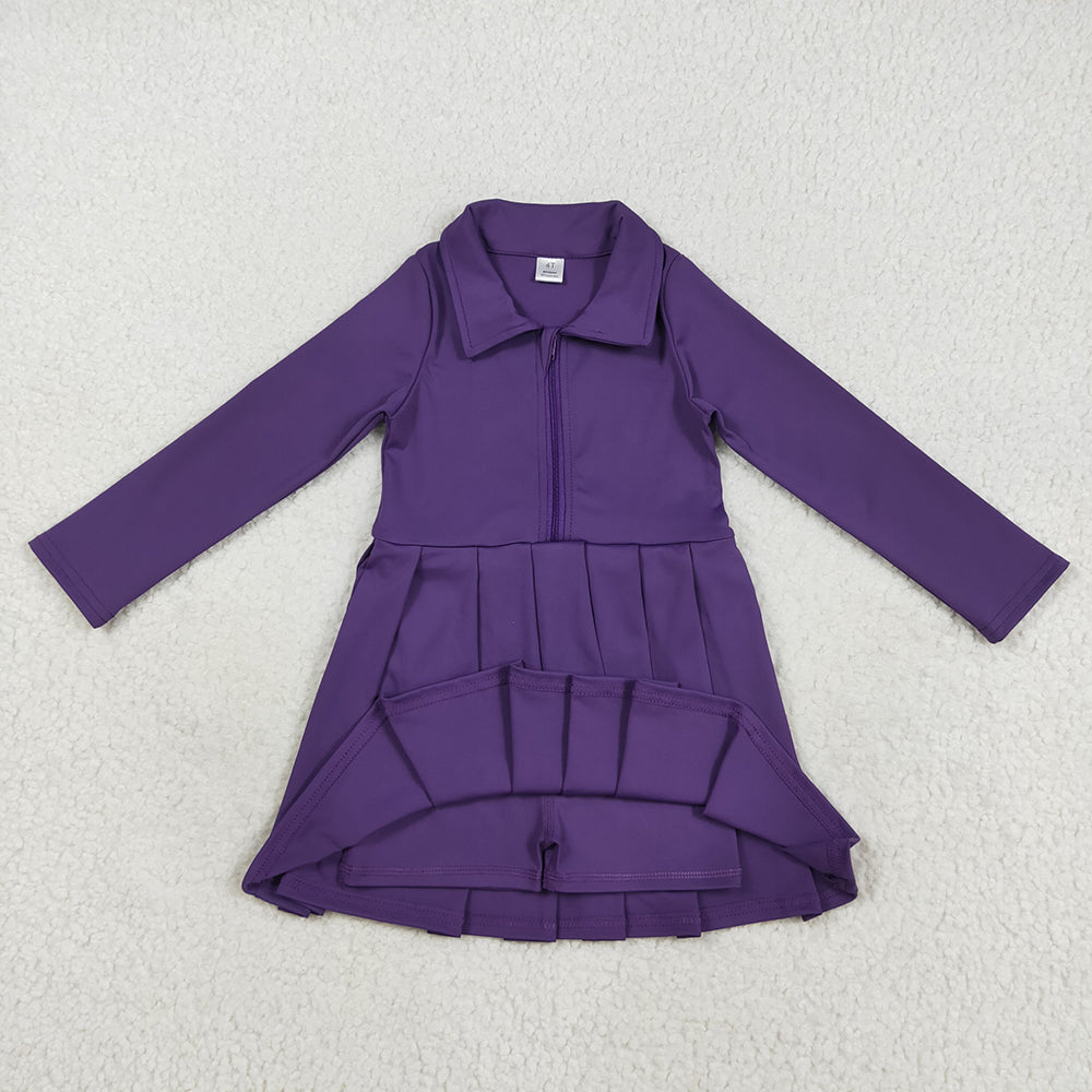 RTS NO MOQ (In stock)GLD1152 Baby Girls Yoga Dress Baby Girls Purple Long Sleeves Zipper Yoga Active Knee Length Dresses