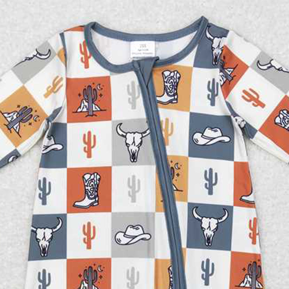 LR0803Plaid Baby Western Zipper Romper Bull Skull Cactus Boot Print Design Baby Boy Girl Rompers for Special Occasions