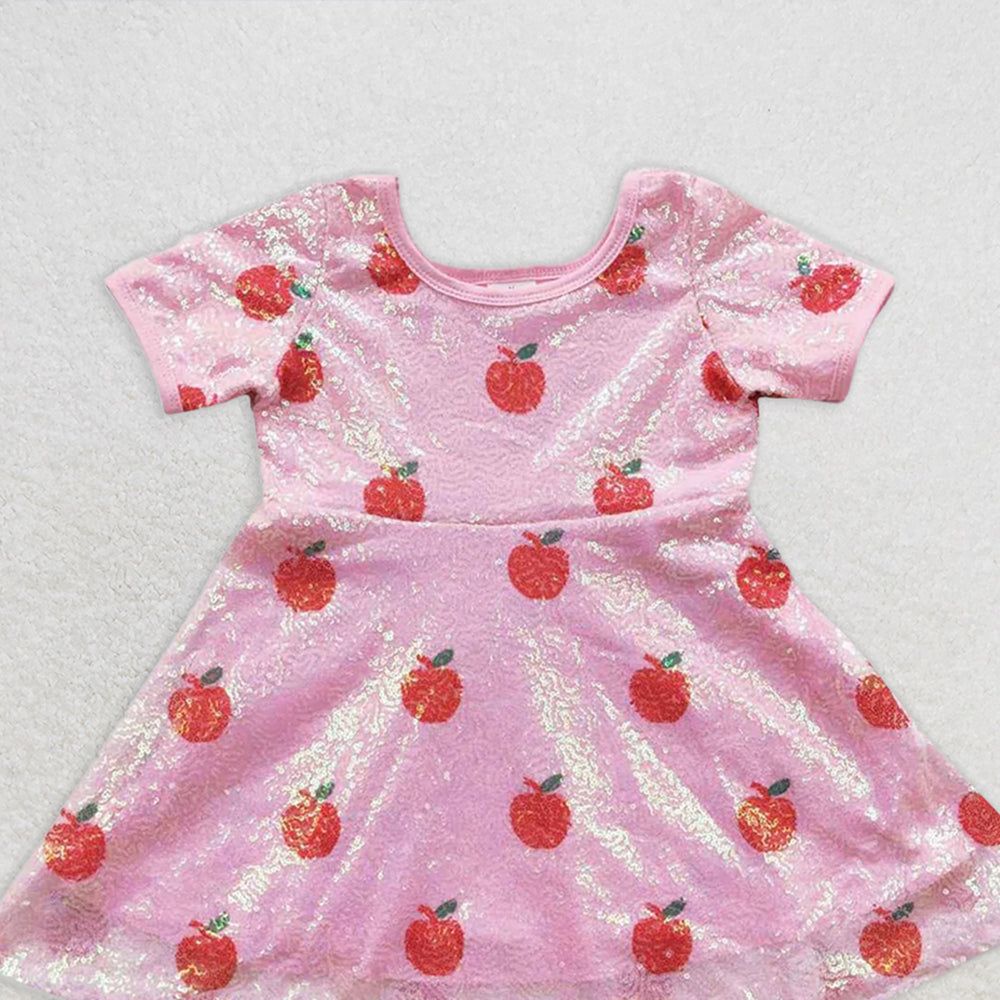 GSD0437 RTS NO MOQ Children Clothes Girls Kids Dress Red Apple Sequin Pink Short Sleeve Dress