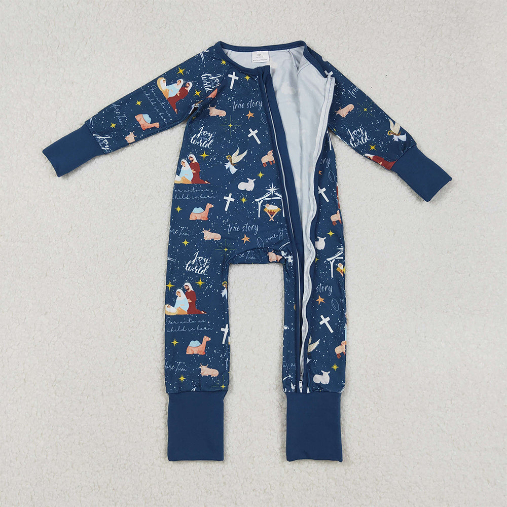 RTS NO MOQ (In stock)LR2504 Baby Boys Winter Rompers Blue Long Sleeve Cross Nativity Baby Christmas Zip Romper for Infants Boy