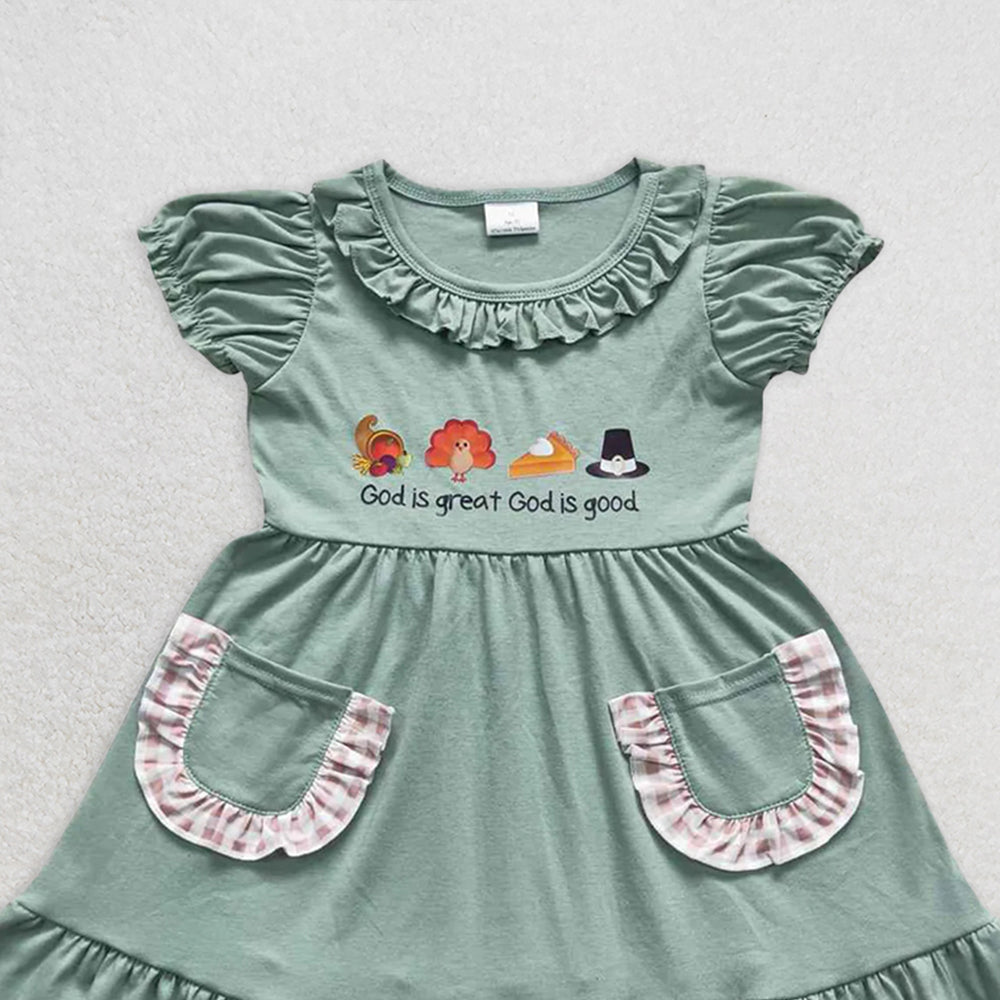 GSD0481 RTS NO MOQ Baby Girls Summer Dress God is great god is good turkey girls Thanksgiving dress