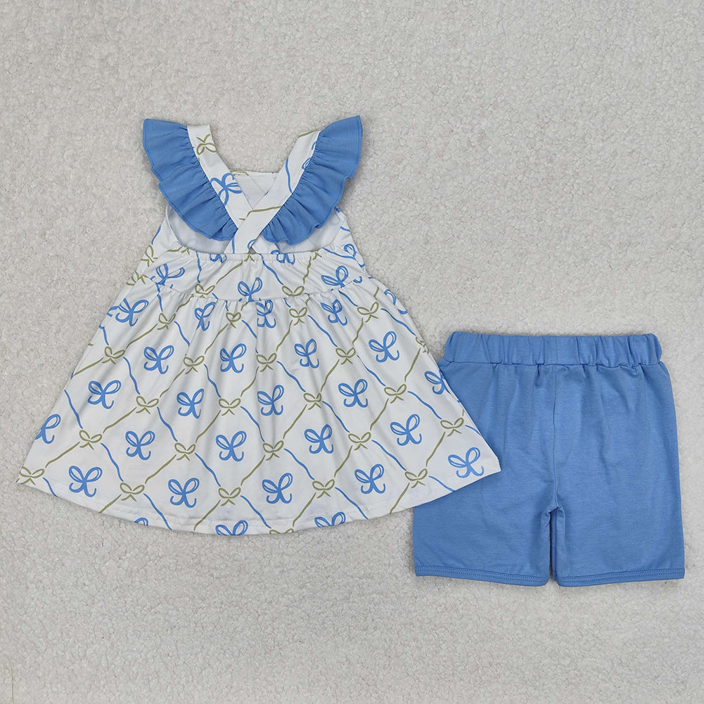 GSSO2109Girls Tunic Top with Flutter Sleeves Light Bow Detail Ruffle Shorts Set Cute Casual Outfit for Kids