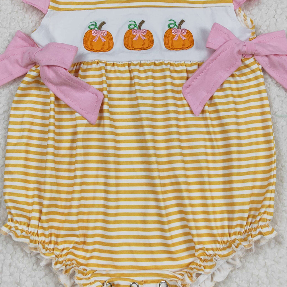 RTS NO MOQ (In stock)SR3125 Baby Girls Summer Rompers Embroidery Baby Girls Flutter Sleeves Yellow Stripe Pumpkins Ruffle Rompers