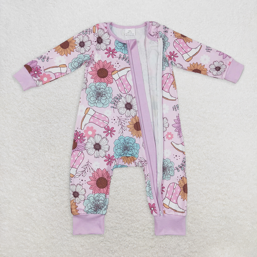 5.17 LR0801 RTS NO MOQ Baby Girls Winter Rompers Pink flower boots western baby girls zipper romper