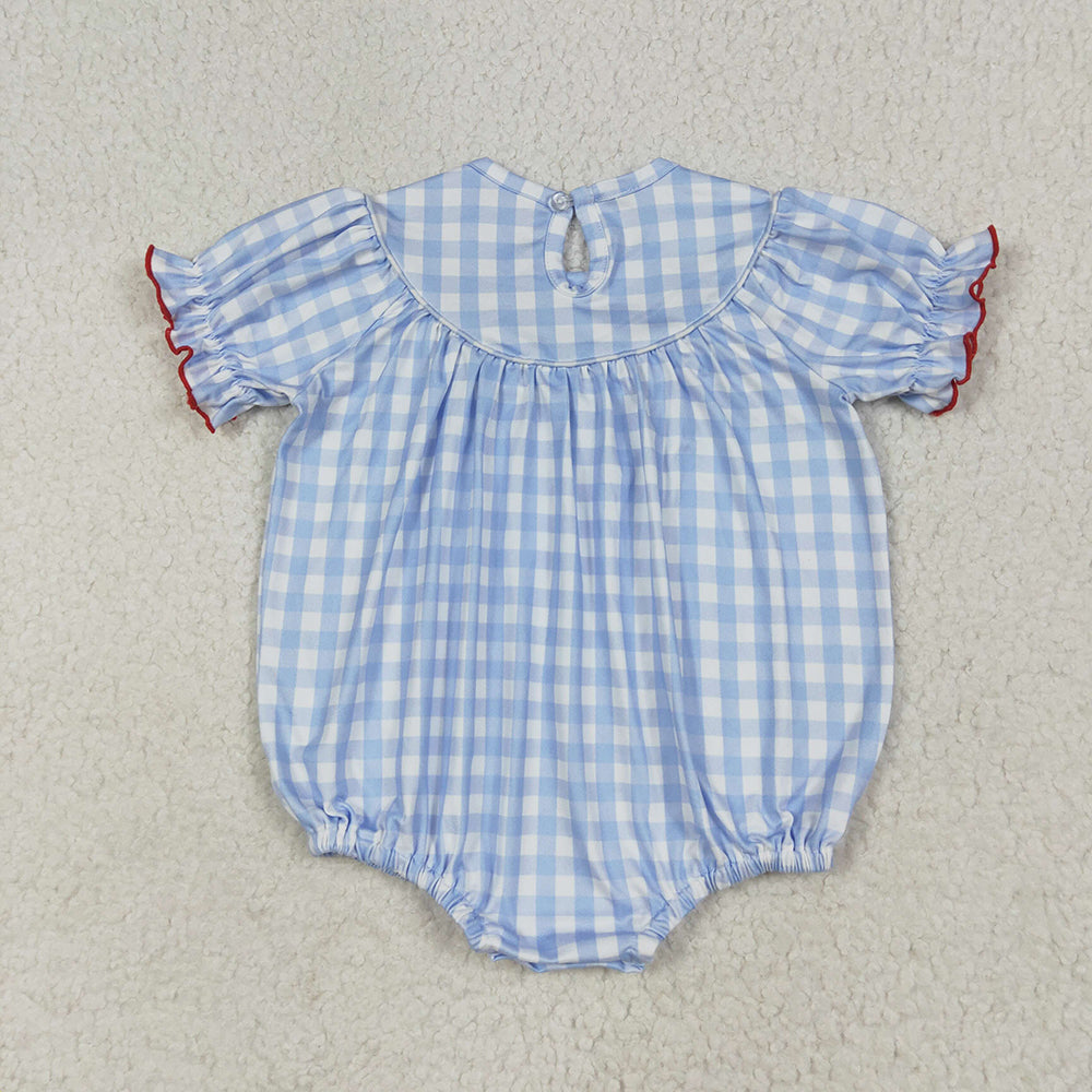 SR2981 RTS NO MOQ Baby Girls Summer Rompers Short sleeves blue plaid cow pig chicken baby girls romper