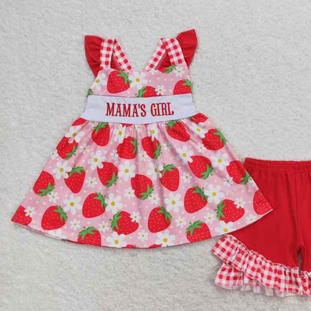 4.07 GSSO0835 RTS NO MOQ Baby Girls Summer Outfits Mama's girl strawberry floral tunic shorts girls clothing