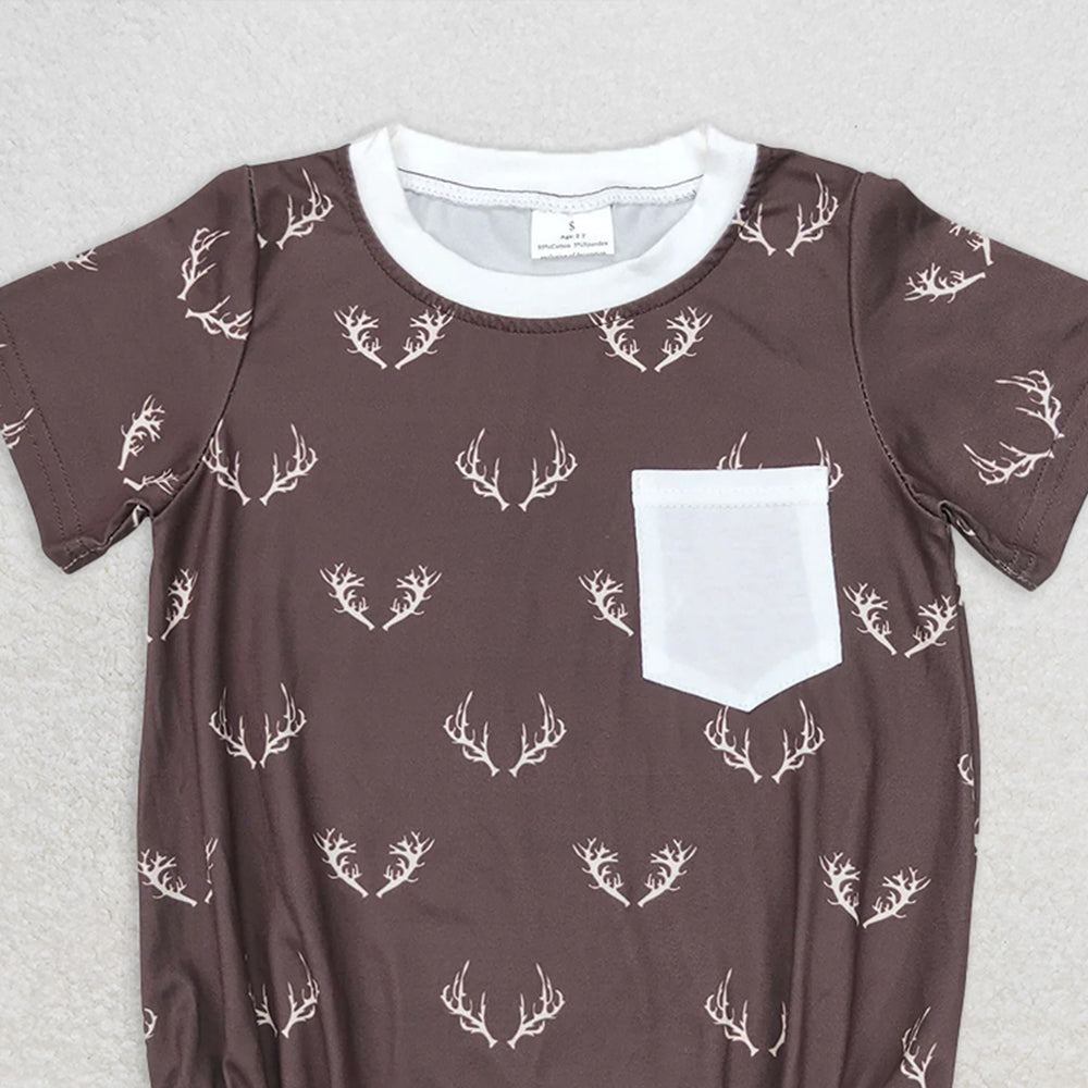 SR1614 RTS NO MOQ Baby Boys Summer Rompers Baby Boys Deer Short Sleeve Pocket Rompers