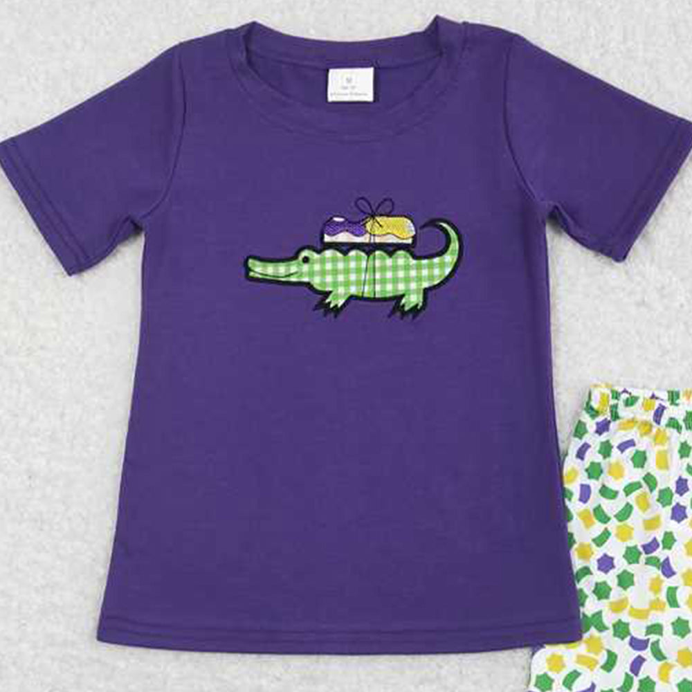 BSSO0410Boys Crocodile Embroidery Top Shorts Outfit Mardi Gras Theme Children's Clothing Set
