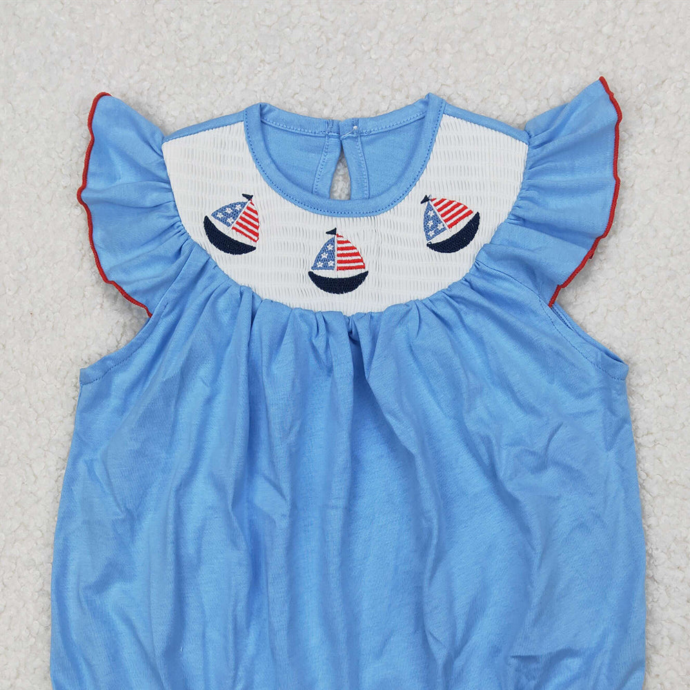 4.10 SR2573 RTS NO MOQ Baby Girls Summer Romper Light blue boat smocked baby girls 4th of july romper
