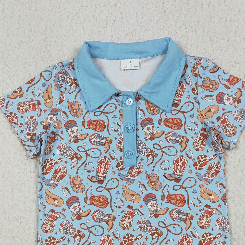 8.18 BT1256 RTS NO MOQ Baby Boys Summer Tops Baby Boys Blue Short Sleeves Hats Boots Button Pullovers Shirts Top